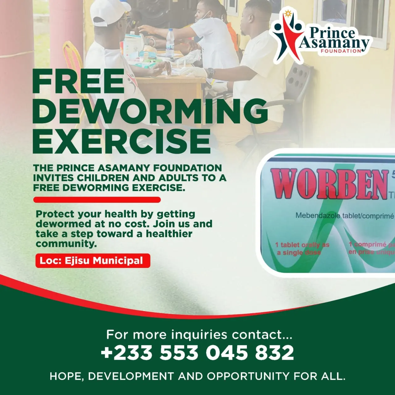 Flyer for the Free Deworming Exercise organized by the Prince Asamany Foundation